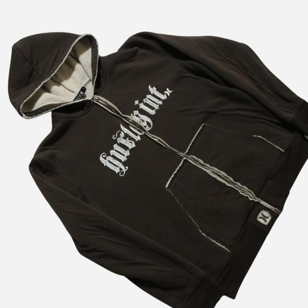 Mens Y2K Grunge Punk Skater Baggy Brown Hurley Sherpa Lined Zip-up Hoodie
